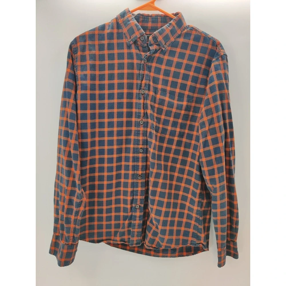 Banana Republic Mens Luxe Flannel Shirt MED Untucked Slim Fit Navy Orange Plaid